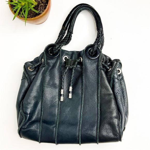 Vintage Handbags - Vintage Kenneth Cole Black Leather Drawstring Bag
